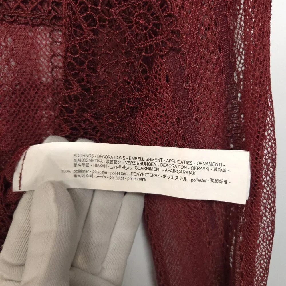 Zara Sheer Lace Blouse S Smocked Ruffle Burgundy Red Boho Romantic Whimsigoth - Picture 11 of 15